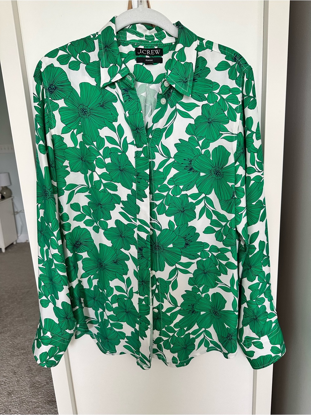 J. Crew White Button-Down Shirt with Green Floral Print